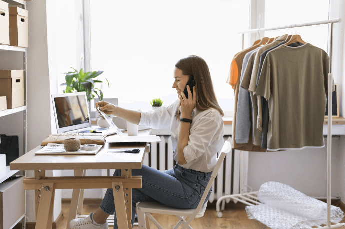 Empresaria gestionando tienda de ropa online desde su oficina en casa