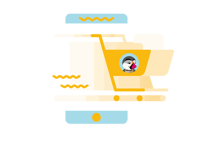 Carrito de compras con logotipo de PrestaShop frente a una pantalla, migración de tienda a PrestaShop